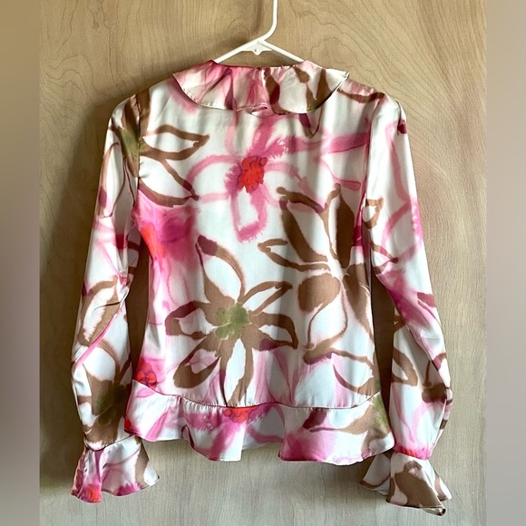 Elie Tahari Pink Floral Ruffle Tie Front Topper Blouse XS - Picture 7 of 12
